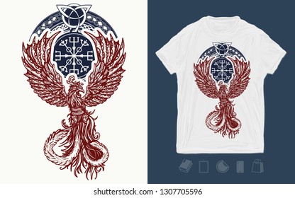 Magic phoenix celtic birds. Print for t-shirts and another, trendy apparel design. Fire birds. Symbol of revival, regeneration, life and death 