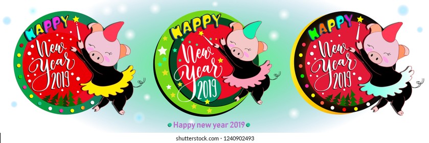 The magic pig. New 2019, a set of illustrations. Chinese year of the pig. Greeting card with magic, funny, cute pig, falling snow, inscription, soft blue, pink background. New Year's pig.
Cute.