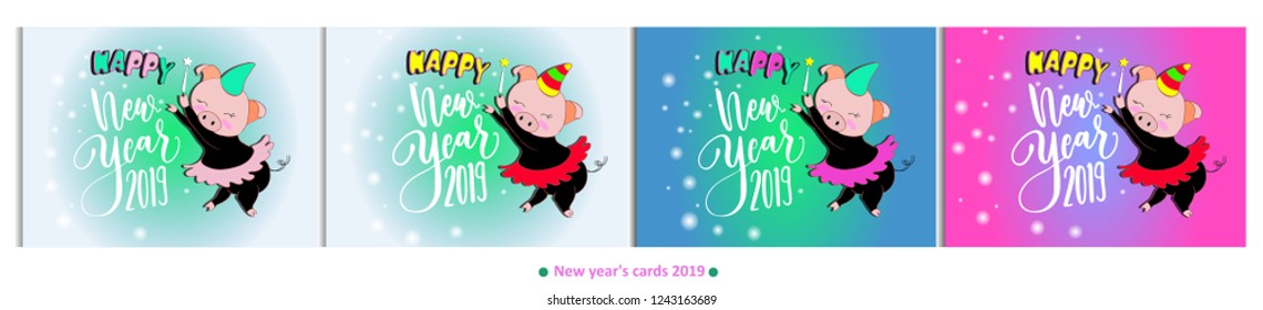 The magic pig. New 2019, a set of illustrations. Chinese year of the pig. Greeting card with magic, funny, cute pig, falling snow, inscription, soft blue, pink background. New Year's pig.
Cute.