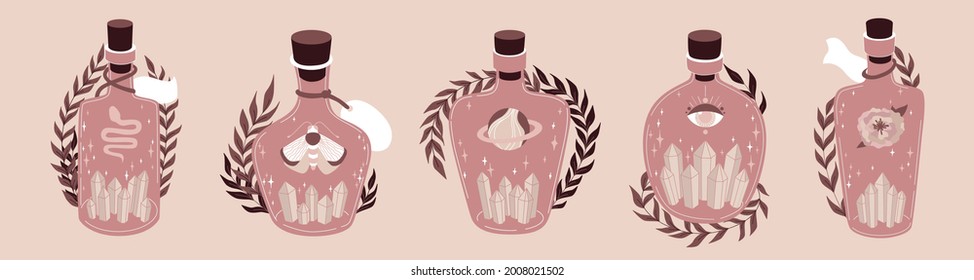 Magic pink bottle set. Vintage potion collection. Witchcraft art. Flat vector illustration in pastel colors. 
