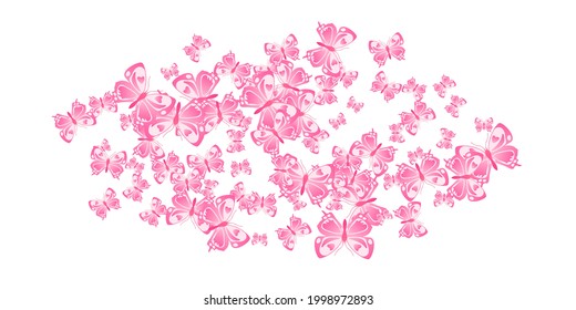 Magic pink butterflies flying vector wallpaper. Spring little insects. Detailed butterflies flying girly background. Tender wings moths graphic design. Nature creatures.