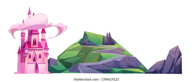 Magic pink castle and hill isolated on white background. Vector cartoon illustration of cute princess palace in fairytale kingdom with clouds around towers and green mountain