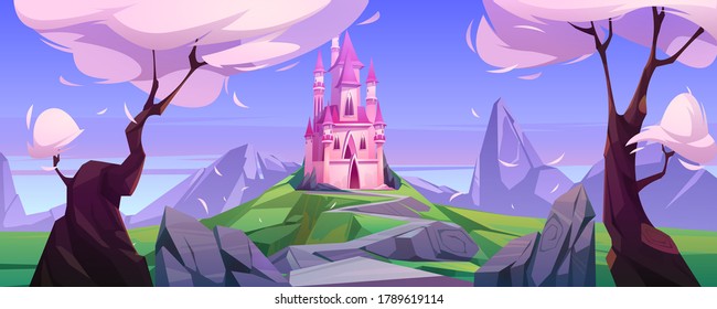 Magic Pink Castle On Green Hill. Vector Cartoon Landscape With Mountains, Trees And Road To Cute Princess Palace With Towers. Fairytale Illustration With Mystery Royal Castle