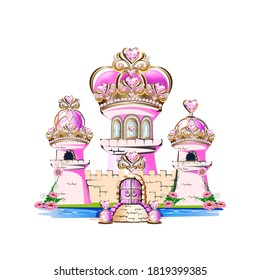 Castillo mágico rosa para una princesa con adornos preciosos y un techo coronado. Ilustración vectorial de un castillo de cuento de hadas.