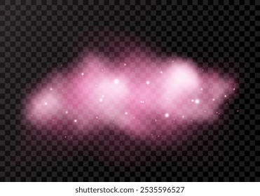 Nube rosa mágica, humo, niebla, gas, smog con brillo, llamarada, estrellas, partículas. Abstractas textura transparente con efecto de luz. Elemento de Vector aireado transparente aislado sobre fondo oscuro.