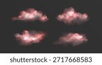 Magic pink clouds set isolated on background. Vector realistic illustration of dreamy sky clouds, fluffy cloudscape design elements, transparent light smoke, puffy cotton candy, smoky haze texture
