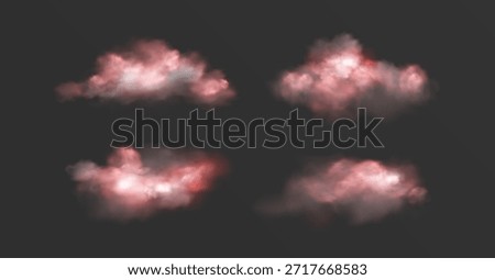 Magic pink clouds set isolated on background. Vector realistic illustration of dreamy sky clouds, fluffy cloudscape design elements, transparent light smoke, puffy cotton candy, smoky haze texture
