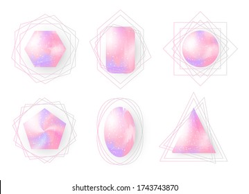 Magische rosa Kristalle, eingerahmt durch geometrische Muster. Pfropfen mit magischen Steinen. Realistische Edelsteine, Vektorgrafik.