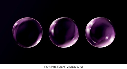 Magic pink fantasy colorful bubble isolated on black background realistic transparent soap bubble.