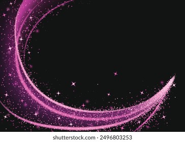 Magic pink light swirl isolated on black background. Vector realistic illustration of sparkling and shimmering neon color vortex, love spell effect, star dust glitter flying in night air, fairy trail