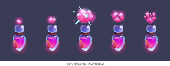 Elixir de amor mágico rosa en botella con humo en forma de corazón. Estadios de animación de juegos de caricatura de vapor brillante y brillante. Explosión con nubes inflables a partir de la reacción química de la poción en el tubo de vidrio.