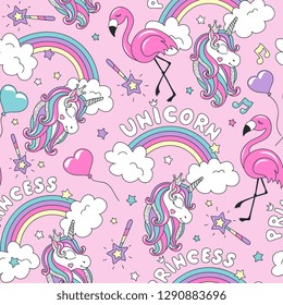 Patrón mágico rosa con unicornio y flamingo. Decoración colorida y a la última, sin fisuras. Dibujo de moda de estilo moderno para ropa. Dibujo para niños, ropa, pantalones, telas o empaque.
