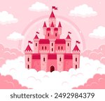 Magic pink princess castle in the clouds. Vector flat illustration.