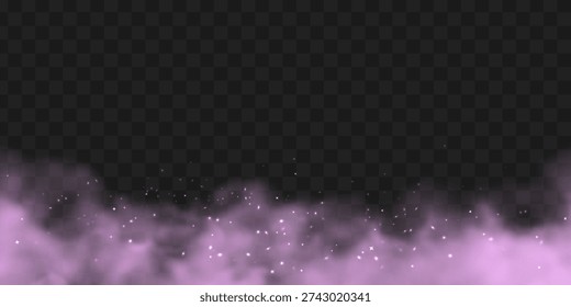 Magic pink purple smoke cloud with glitter on black transparent background. Rose fog with sparkle