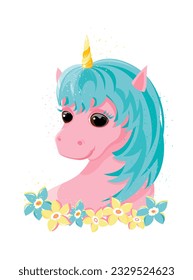 Magic pink unicorn with blue mane and flowers. Flat cartoon style, vector.