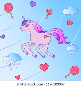 Magic pink unicorn jumps among clouds, hearts and sweets.