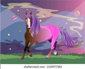 Magic pink unicorn with a purple maine vector drawing 