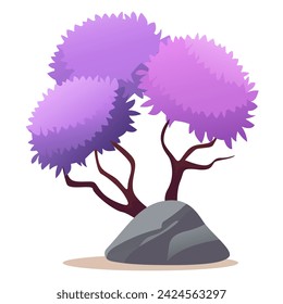 Magic plant of colorful set. This design captures a cartoon-style magic violet tree with vibrant hues on a white backdrop. Vector illustration.