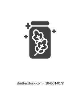Icono vectorial del frasco de la planta mágica. signo plano relleno para concepto móvil y diseño web. Frasco de poción de bruja con icono de glifo de hojas. Símbolo, ilustración del logotipo. Gráficos vectoriales