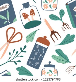 Magic plants seamless pattern. Herbology. Ingredients for magical potions. Witchcraft things: herbs, mushrooms,  gardening tools, book. Funny cartoon vector illustration 