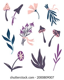 Magic plants. Witchcraft things. Set of magic mushrooms flowers and herbs. Ingredients for magical potions. Shamanic and occult objects. Halloween Decor. Vector floral illustration