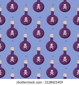 Magic poison bottle seamless pattern. Bottle with death mark