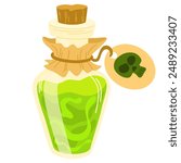 Magic poison potion. Alchemist bottle with elixir, poison, antidote. Vector illustration magical laboratory ingredients in bottle for poisoning
 
