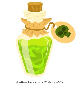 Magic poison potion. Alchemist bottle with elixir, poison, antidote. Vector illustration magical laboratory ingredients in bottle for poisoning
 
