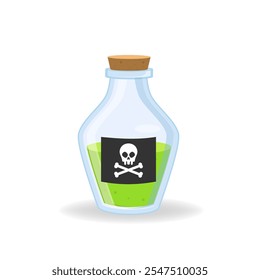 Magic poison potion. Alchemist bottle with elixir, poison, antidote. Vector illustration magical laboratory ingredients in bottle for poisoning