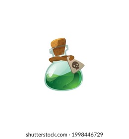 Magic poison potion or elixir in glass flask. Transparent corked bottle with alchemy liquid drink. Object for fantasy computer video game. Flat cartoon vector isolated illustration