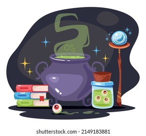 Magic poison prepare in boiled pot concept. Vector flat graphic design illustration