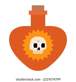 Magic poison with skeleton. Halloween vector illustration on isolated background. Bottle of toxic potion with cute skull. Alchemy elixir.