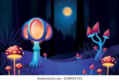 Magic poisonous mushrooms glowing in darkness in forest with moon shining on night sky cartoon background vector illustration