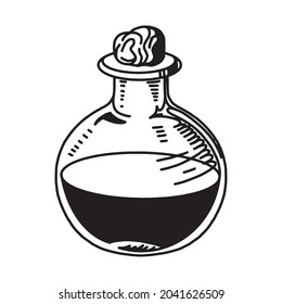 Magic poisonous potion in a flask with a skull. Witchcraft witch item. Hand drawn black doodle sketch outline tattoo engraving. Stock vector illustration isolated on white background