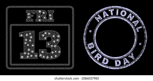 Magic polygonal mesh web 13 friday calendar page icon with glare effect on a black background with round National Bird Day unclean seal imitation.