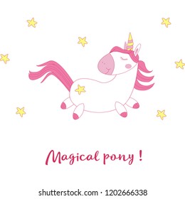 Magic pony on a background of the starry sky. A template for postcards, children's posters, gift wrap, certificates, wallpaper.