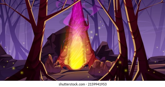 Magic portal between tree trunks in deep dark forest. Vector cartoon fantasy illustration of scary night wood landscape with bare trees, stones, and fantastic glow gates to alien world