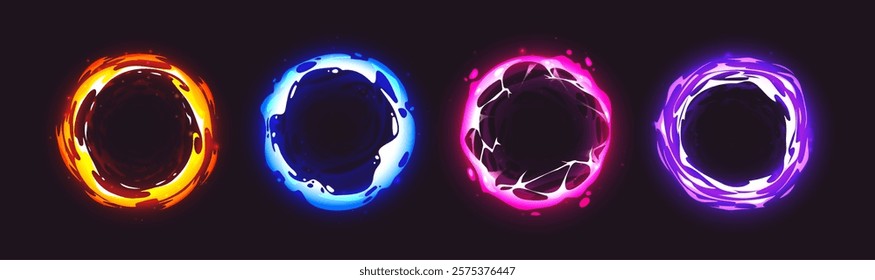 Magic portal collection with glowing circular frames in different energy types - fiery orange, icy blue, neon pink, mystical purple. Luminous vortex set with swirling effects for fantasy game design.