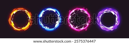 Magic portal collection with glowing circular frames in different energy types - fiery orange, icy blue, neon pink, mystical purple. Luminous vortex set with swirling effects for fantasy game design.