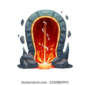 Magic portal door, fantasy fairytale teleport game asset. Isolated cartoon vector mystical ancient tunnel with arched stone doorway and fiery energy beckoning adventurer to traverse fantastical worlds