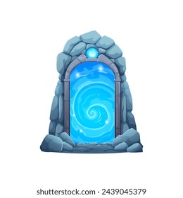 Magic portal door for fantasy game, gate in stone rock arch with blue plasma, cartoon vector. Portal door or parallel world entrance for time and space teleport, mystery doorway portal in cave