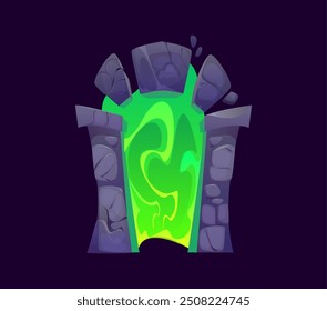 Magic portal door, fantasy stone arch game asset. Cartoon vector vibrant green doorway with swirling patterns, surrounded by a rugged stone arch, emits a mystical glow, inviting into magical world