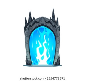 Magic portal door, fantasy stone arch or gate game asset. Vector mysterious, witchcraft or time travel teleport entry with blue plasma energy. Ancient doorway framed by dark rocky arc emits soft glow