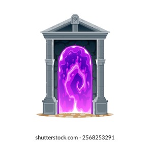 Magic portal door, fantasy stone gate and door game asset. Cartoon vector mysterious teleport entry with glowing pink energy and rock columns. Time travel doorway evoke mystical and magical atmosphere