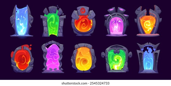 Portas de portal mágico, ativo de jogo de arco de pedra de fantasia, UI vetor. Portões de desenhos animados para outro mundo ou universo paralelo com vórtice de luz de cor. Teleportes para viagem no tempo, portas mágicas e portais fantásticos