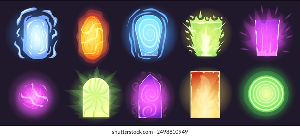 Magic portal effects. Teleport gates, fantasy tale game elements. Mystic adventures glowing doors for next steps or worlds, nowaday vector set