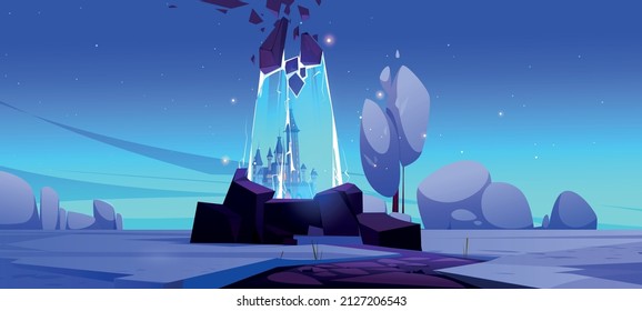 Magic portal with fairytale castle in blue glow. Vector cartoon fantasy illustration, game background of winter landscape with snow, trees, road and fantastic portal with royal palace inside