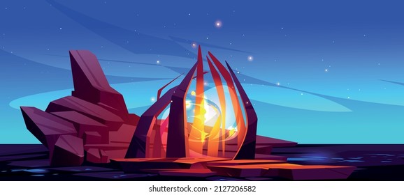 Magic portal, fantastic gate to alien world. Vector cartoon fantasy illustration, game background of rock landscape with mystic yellow glowing in stone frame at night