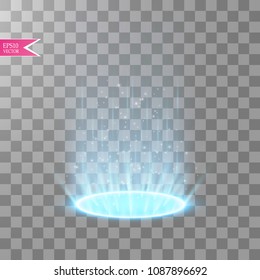 Magic portal of fantasy. Futuristic teleport. Light effect. Light rays of the night scene and sparks on a transparent background. Empty light effect of the podium.