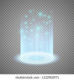 Magic portal of fantasy. Futuristic teleport. Light effect. Light rays of the night scene and sparks on a transparent background. Empty light effect of the podium. Disco club of the dance floor.
